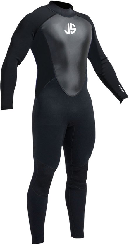 Zwarte JS wetsuit met grijze borst en logo op de borst.