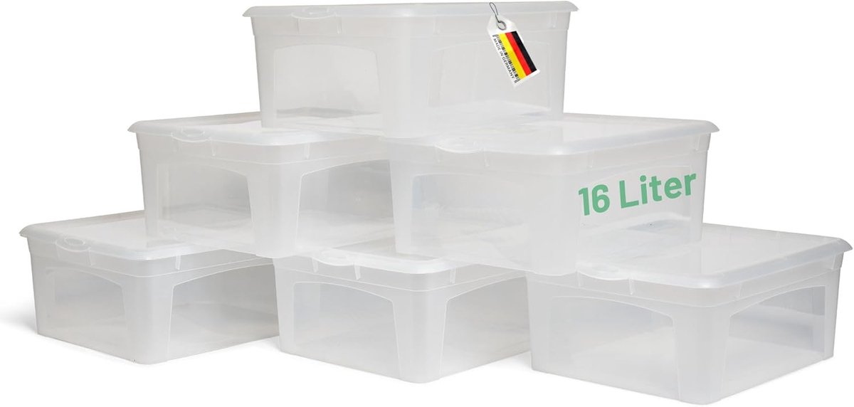 6x opbergdozen met deksel 16L transparante dozen stapelbaar nestbaar opbergdozen met clipsluiting kunststof BPA-vrij 41x34x17 cm