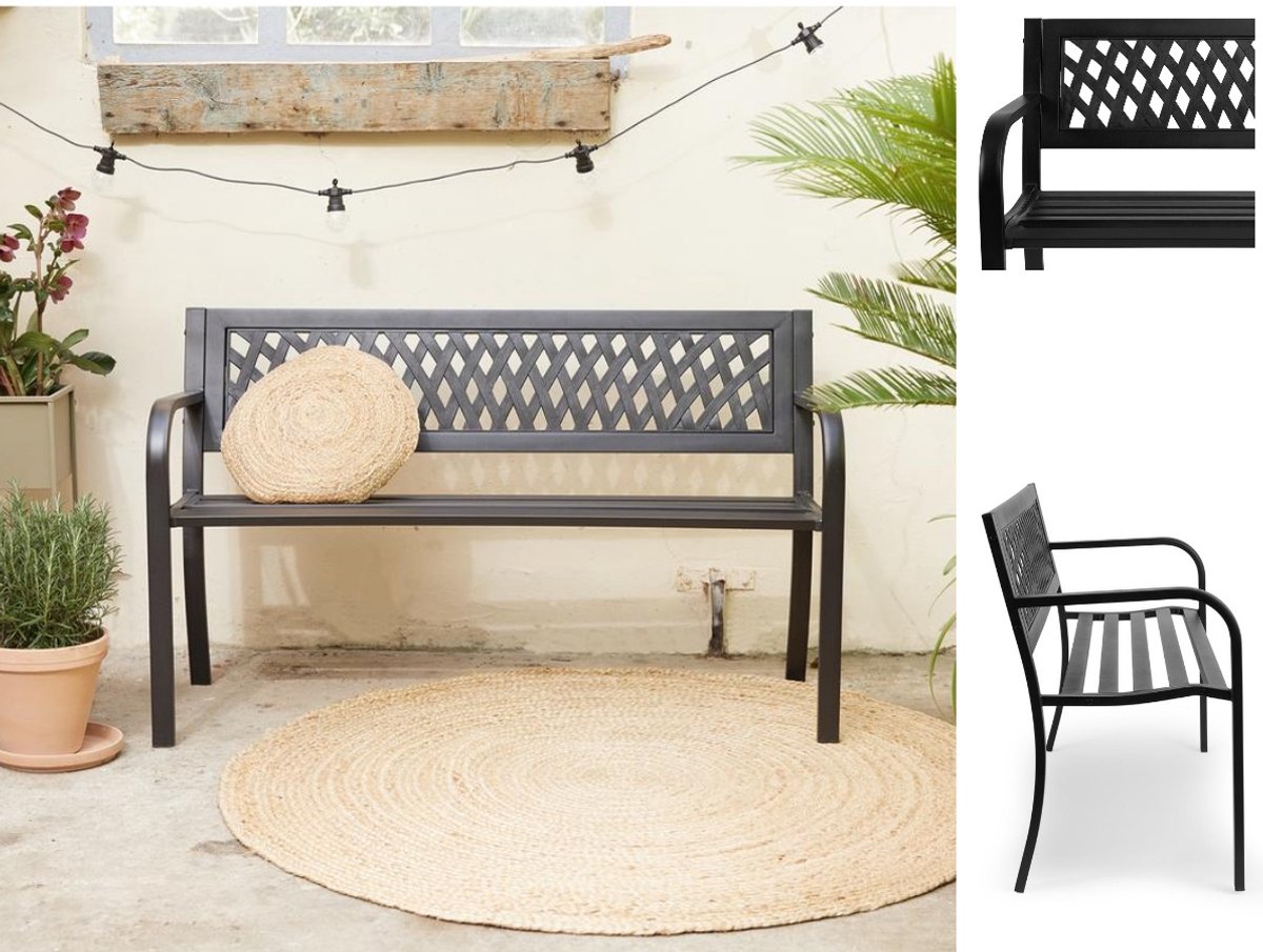 Fameilleur- tuinbank- antraciet- Stalen bank voor in de tuin- tuin bank-Staal- Tuinbank voor 2 Personen – Staal met Teakolie Look – Duurzaam, Stevig en Comfortabel – Tuinmeubel, Balkonbank, Buitenbank, Zithoek- tuinmeubels- tuin meubels- tuin stoel