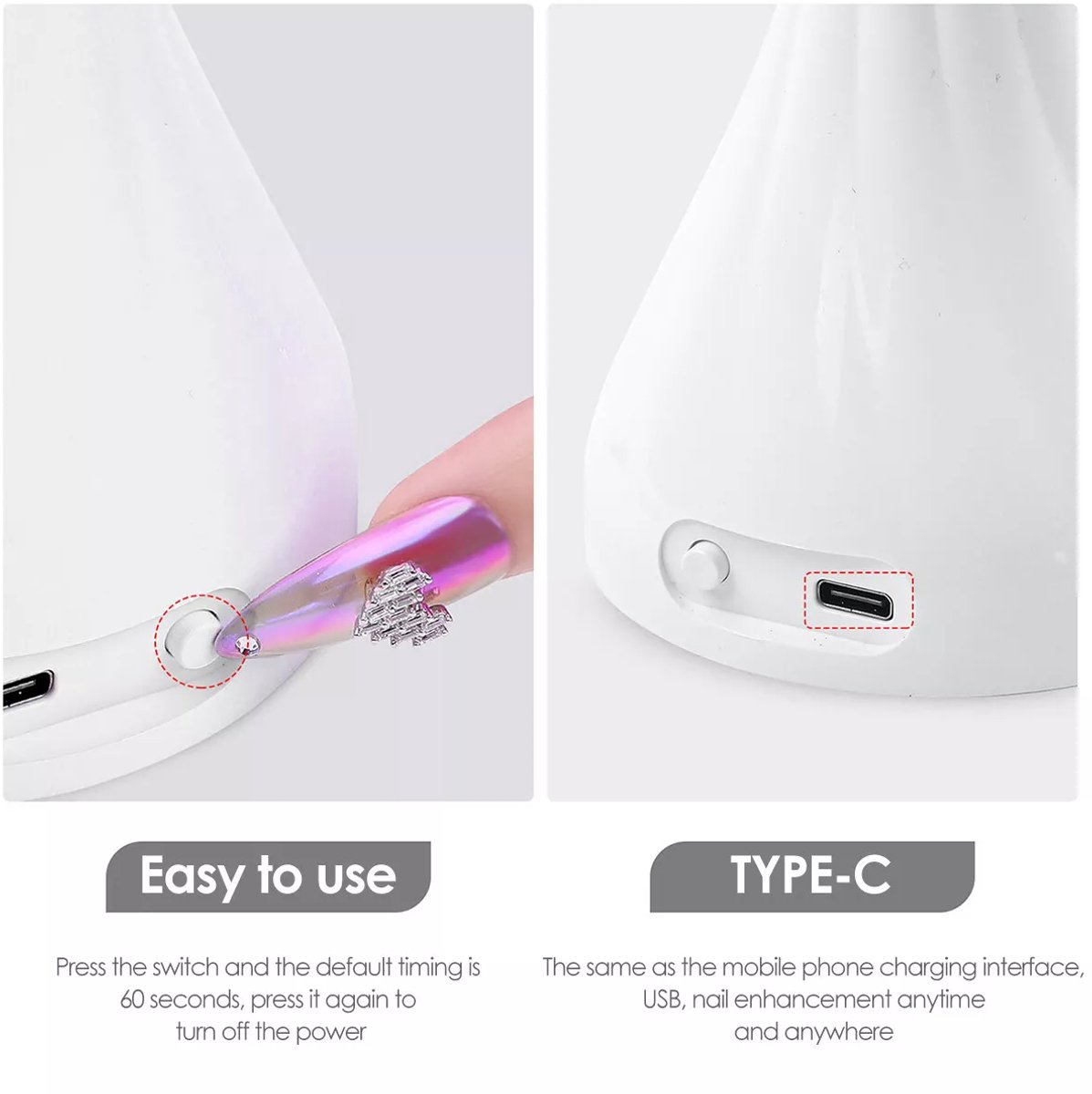 UV LED Nagellamp - UV LED Lamp Nagels - Nagellamp - Manicure - Lichtuitharding - Led Machine Nageldrogers - Nagellamp LED Mini Draagbare - verstelbaar - nail lamp - 360° Draaibaar - Nagel UV Lamp - draadloos usb - nageldroger voor gewone nagellak — cadeau in Verzorging - foto 4