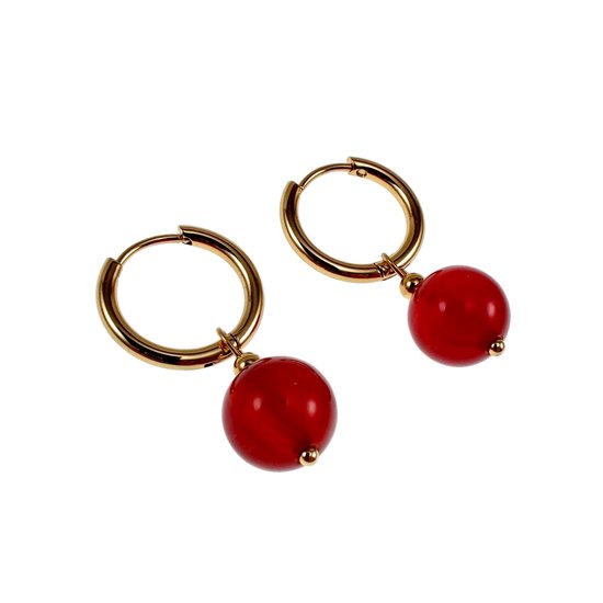 Boucles d'oreilles pour femme ∅16 mm x 2 mm - Acier inoxydable plaqué or - Boucles d'oreilles avec pendentif en agate cornaline rouge