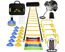 Voetbal Trainingsmateriaal – Voetbal Spullen Training – Sport Spullen – Voetbal Training Artikelen – Bevat Agility Ladder – Voetbal Pionnen – Verstelbare Hordes – Springtouw – Sprint Parachute – Weerstandsbanden