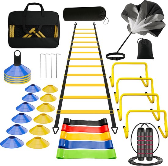 Voetbal Trainingsmateriaal – Voetbal Spullen Training – Sport Spullen – Voetbal Training Artikelen – Bevat Agility Ladder – Voetbal Pionnen – Verstelbare Hordes – Springtouw – Sprint Parachute – Weerstandsbanden