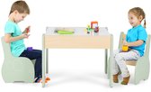 Jongen en meisje zitten aan een mintgroene kindertafel met houten poten. De stoelen hebben een olifantenprint.