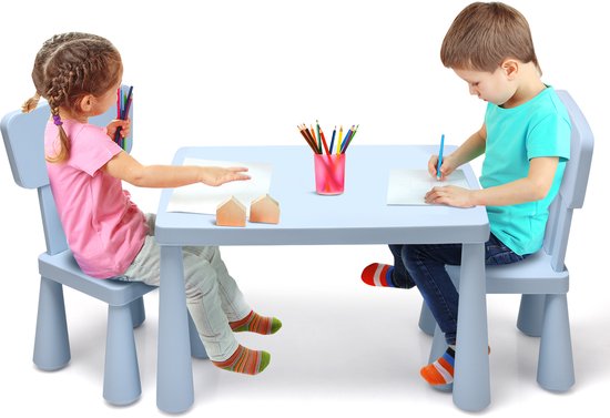 COSTWAY Ensemble de sièges pour enfants 3 pièces, ensemble de table pour enfants, table pour enfants avec 2 chaises, meubles pour enfants en plastique, set de table pour enfants pour chambre d'enfant et chambre d'enfant (bleu)