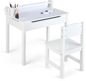 COSTWAY Kinderbureau met stoel, kindertafel met inklapbaar tafelblad, jeugdbureau met papierrolhouder en markeerstiften, schoolbureau voor kinderen vanaf 3 jaar (wit)