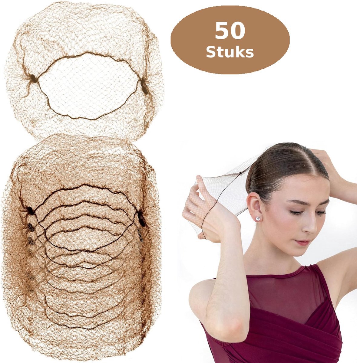 Haarnetjes Bruin 50 Stuks – Ballet & Paardrijden Haarnet – Onzichtbaar Elastisch Knotnet Nylon 55 cm