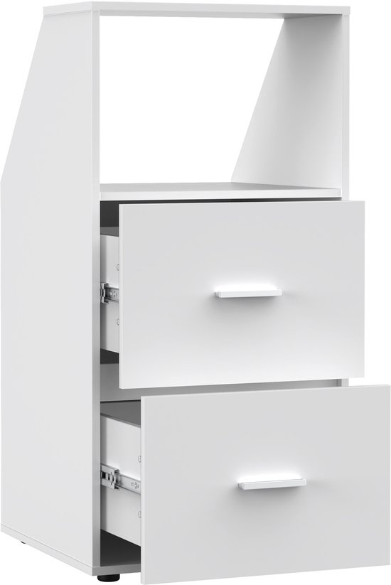 Witte opbergkast met schuine zijde, een open vak en twee lades met metalen rails zichtbaar.