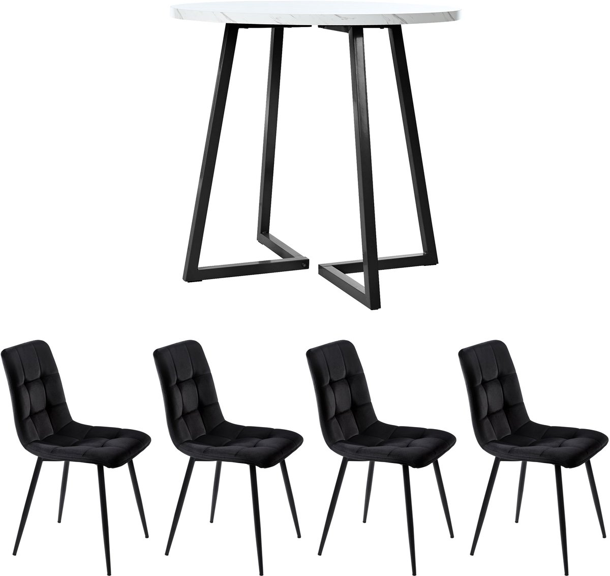 Merax Eetkamerset 5-delig – Ronde Eettafel Diameter 80 cm met 4 Zwarte Velvet Eetkamerstoelen – Moderne Keukentafel met MDF Marmerlook Tafelblad – Zwart met Wit