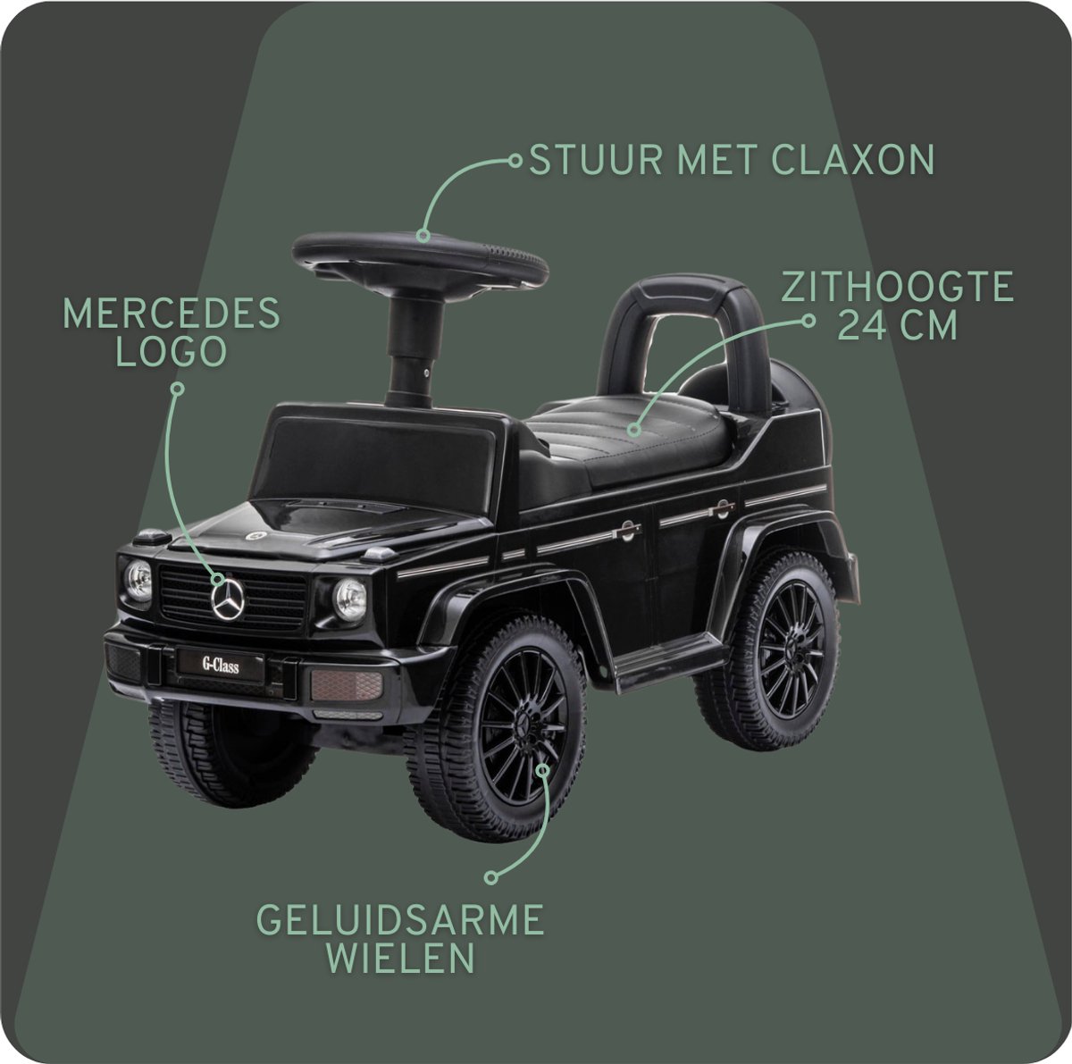 Bandits & Angels Loopauto Mercedes Benz G350D Zwart vanaf 1 jaar voor Jongens en Meisjes - Stimuleert Motorische Vaardigheden - Loopwagen 24 cm - Zwarte Loop Auto — afbeelding 2