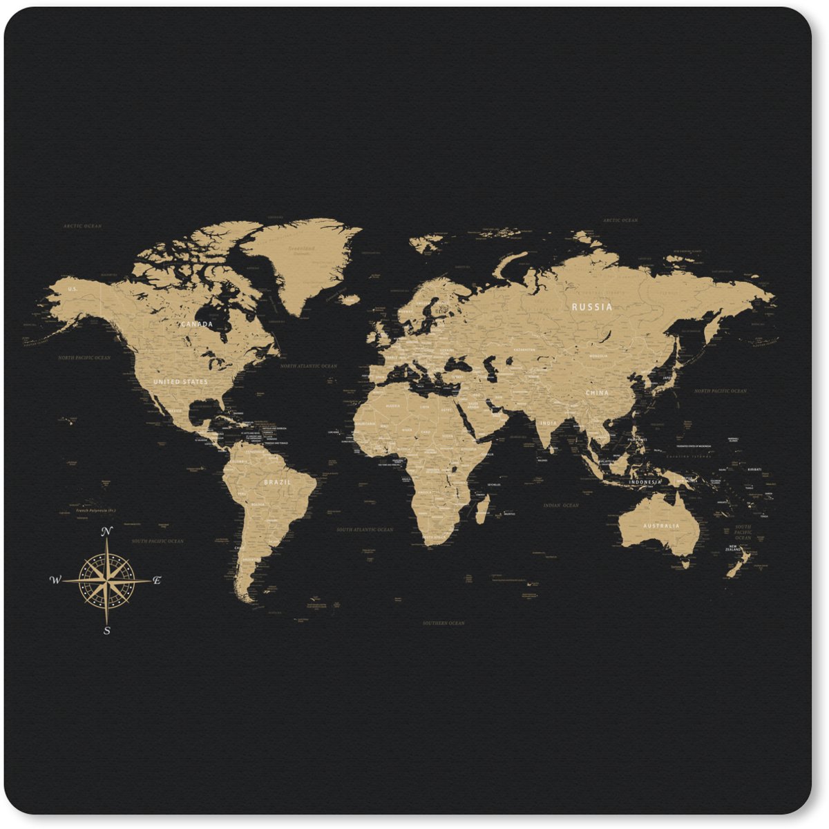 Muismat 20x20 cm - Mousepad Wereldkaart - Beige - Zwart - Muismatten