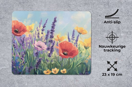 Muismat 23x19 cm met schilderij van bloemenveld met rode klaprozen en paarse lavendel.