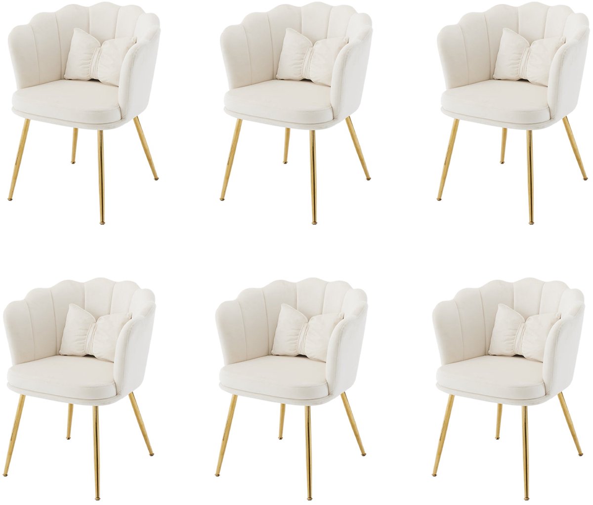 Merax Moderne Velvet Stoelen met Sierkussens Set van 6 – Bloemblaadjes Rugleuning en Vergulde Metalen Poten – Beige met Goud