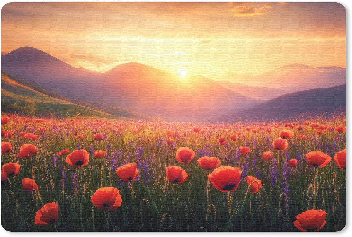 Muismat 27x18 cm - Mousepad Landschap - Zonsondergang - Bloemenveld - Muismatten