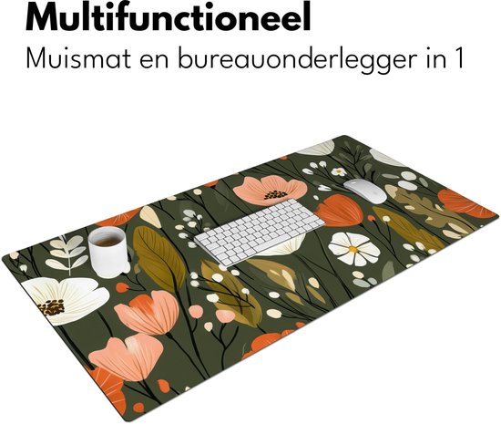 Bureau onderlegger 100x50 cm - Muismat Bloemen - Illustratie - Groen - Bureaumat - Mousepad XXL - Bureau mat - Muismatten groot - Desk organizer - Bureaulegger