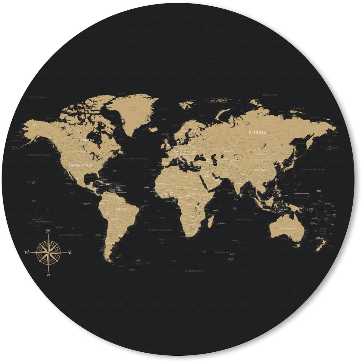 Muismat rond 30x30 cm - Mousepad Wereldkaart - Beige - Zwart - Ronde muismatten