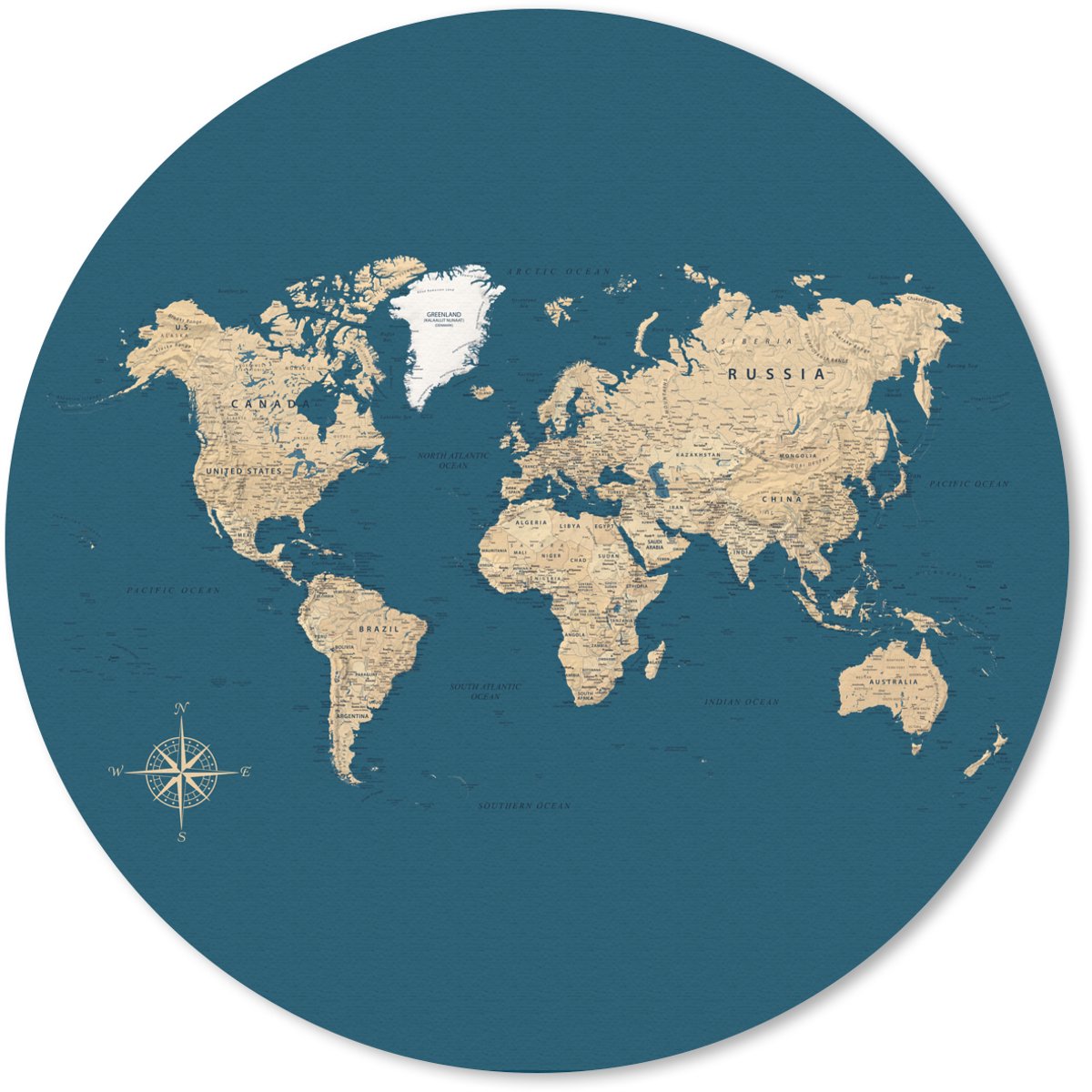 Muismat rond 30x30 cm - Mousepad Wereldkaart - Donkerblauw - Beige - Ronde muismatten