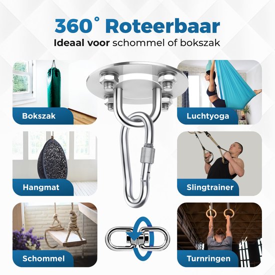 Collage van toepassingen: bokszak, lucht yoga, hangmat, sling trainer, schommel, ringen. 360° roteerbaar.