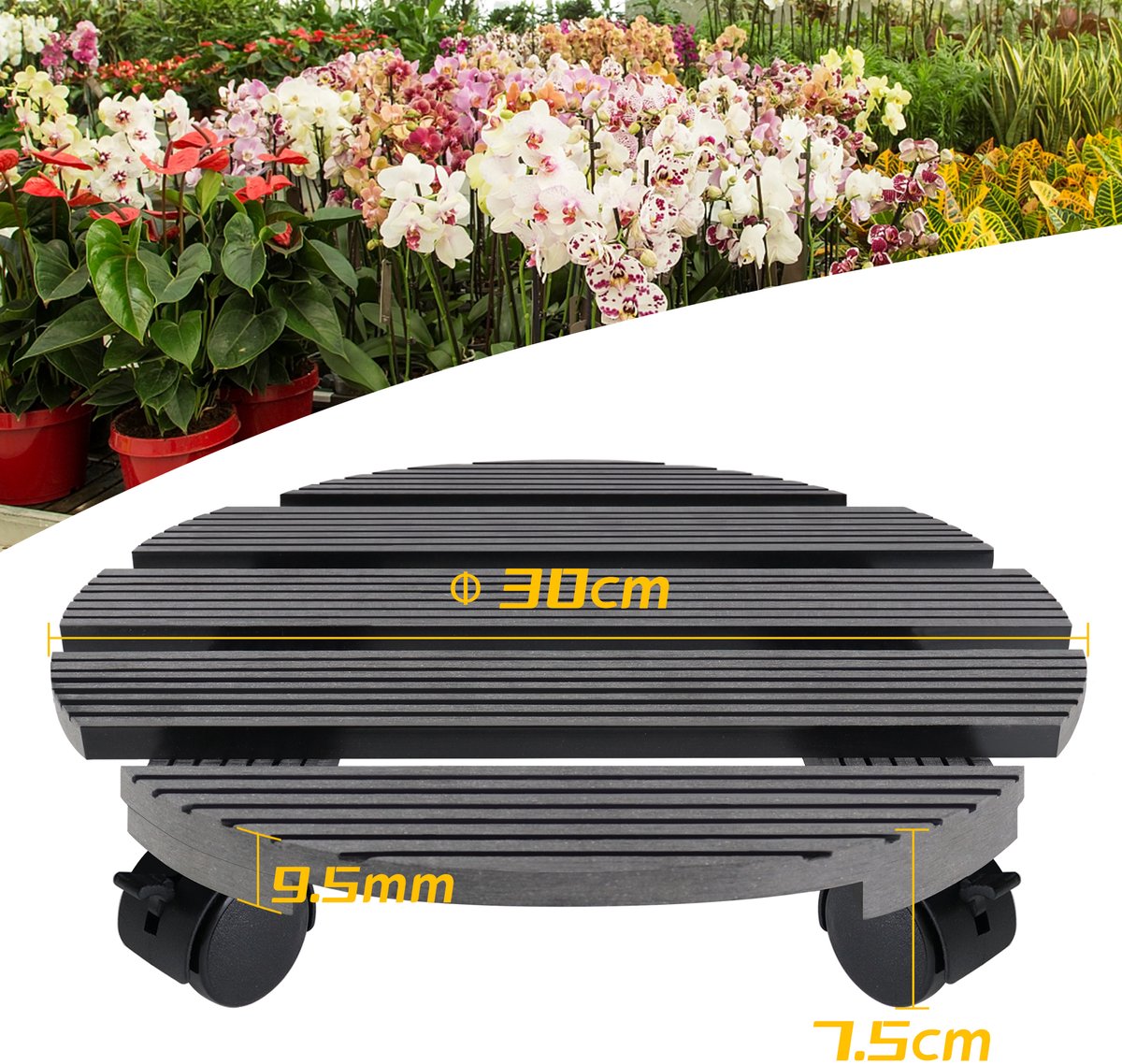 NAIZY Plantenroller 2 Stuks – Rond, Diameter 30 Cm, Met 4 Wielen (2 Remwielen), Draagkracht 160 Kg, Metaal, Voor Binnen & Buiten, Type B