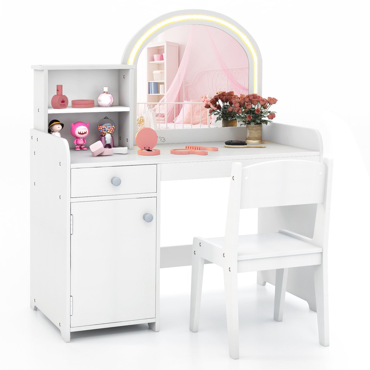 COSTWAY 2-in-1 kinderkaptafelset, kaptafel met kruk, ledverlichting, spiegel, kast en lade, make-uptafel van hout voor meisjes, voor kinderen vanaf 3 jaar (wit)