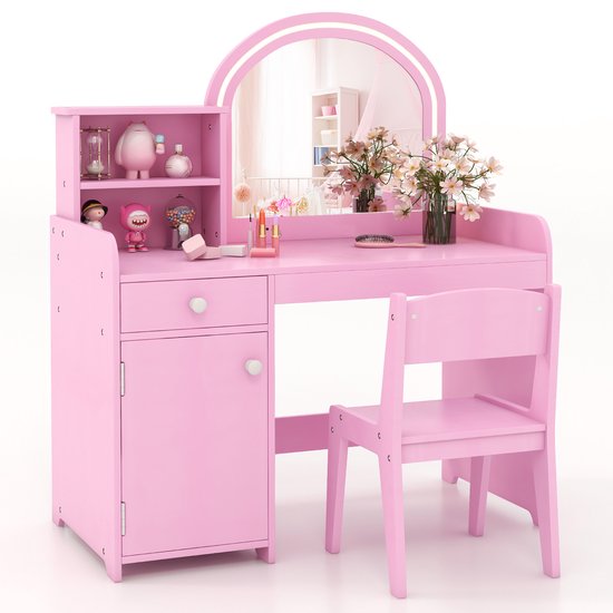 COSTWAY 2-in-1 kinderkaptafelset, kaptafel met kruk, ledverlichting, spiegel, kast en lade, make-uptafel van hout voor meisjes, voor kinderen vanaf 3 jaar (roze)