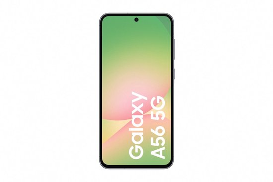Samsung Galaxy A56 5G gris avec un écran affichant "Galaxy A56 5G".