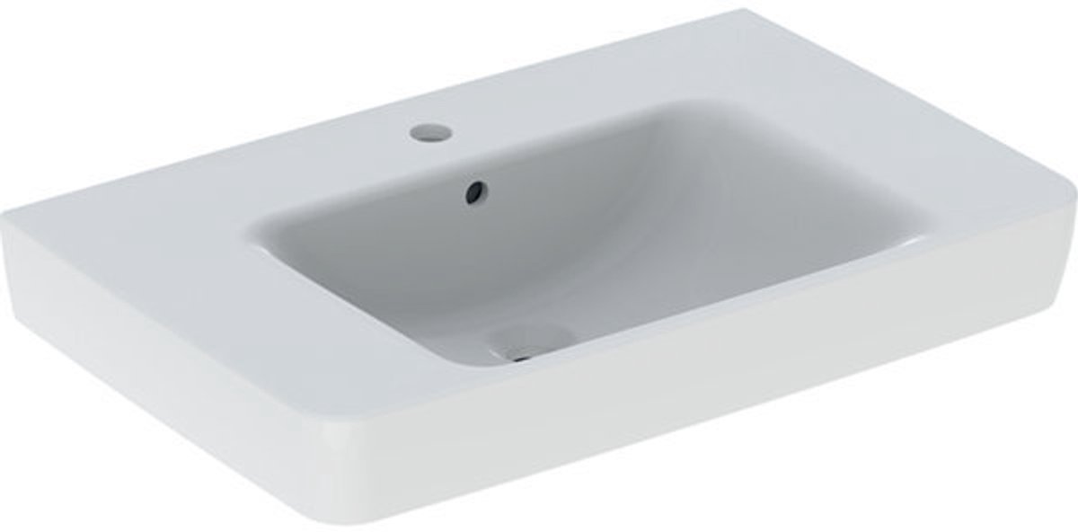 Geberit Renova Plan wastafel met aflegruimte: 75x48cm, kraangat=midden, overloop=zichtbaar, symmetrisch, aflegruimte=aan beide zijden, wit, 501694001