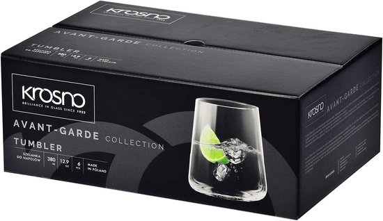 Boîte de 6 tumblers Krosno Avant-Garde, montrant un verre avec du citron vert et de la glace. 380 ml.