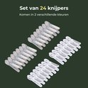 Twee groepen van 12 grijswitte wasknijpers, opgesteld in diagonale rijen.