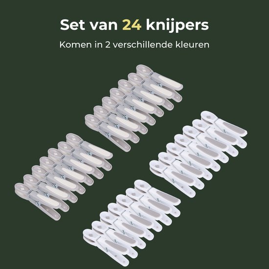 Twee groepen van 12 grijswitte wasknijpers, opgesteld in diagonale rijen.