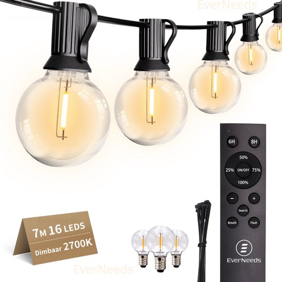 EverNeeds Lichtsnoer Voor Buiten - 7 Meter - 16 LED - Afstandsbediening - Met Dimfunctie - Lichtslinger - Sfeerverlichting Buiten en Binnen - Tuinverlichting - Lampjes Slinger - IP44 - 2700K - 3 Extra LEDs