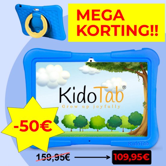 KidoTab® Kinder tablet 10 Inch - Kindertablet vanaf 3 Jaar – 6000mAh batterij – 128 GB geheugen – 6Gb RAM – Ouderlijk Toezicht – NL apps – Incl. Beschermhoes – Blauw