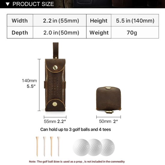 BUGOLINI Aurelia - Lederen Golfbal Draagbare Handtas - Geschikt Voor 3 Ballen - Met Knoopsluiting - Met Verwijderbare Riemgesp - 4 Golf Tee-sleuven - Coffee van BUGOLINI — afbeelding 3
