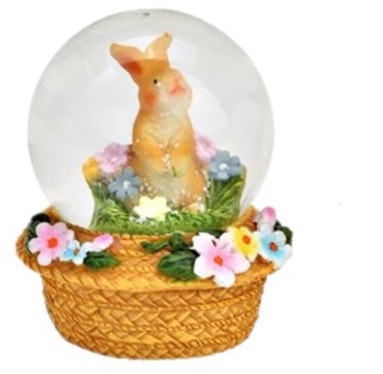 Boule à neige lapin avec fleurs sur pied en forme de panier de Pâques décoré de fleurs - Pasen - Décoration de Pâques - Globe à secouer 6x4x4cm