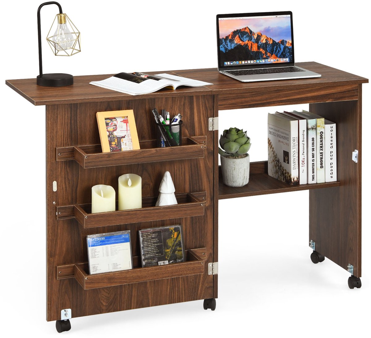 Costway 2-in-1 naaikast en bureau inklapbaar, naaitafel van hout met 3 planken voor spoelen en vergrendelbare wielen, naaimachinekast voor woonkamer, slaapkamer en kantoor Koffie