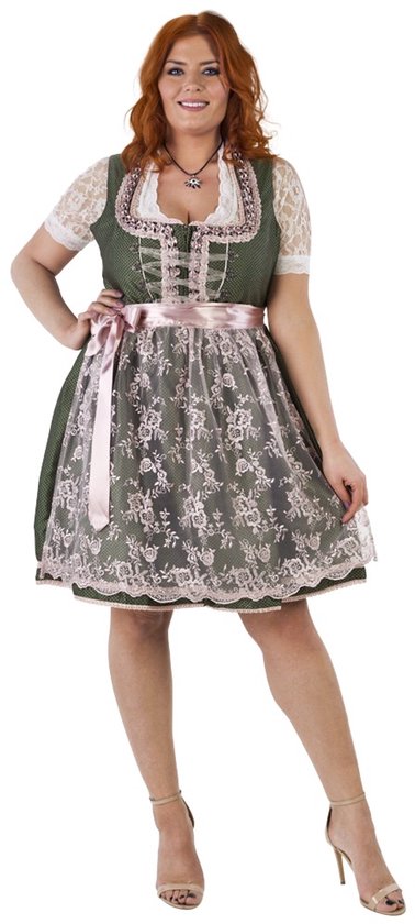 Oktoberfest Dirndl Deluxe - Groen-Oudroze - Kanten Schort - Maat 52