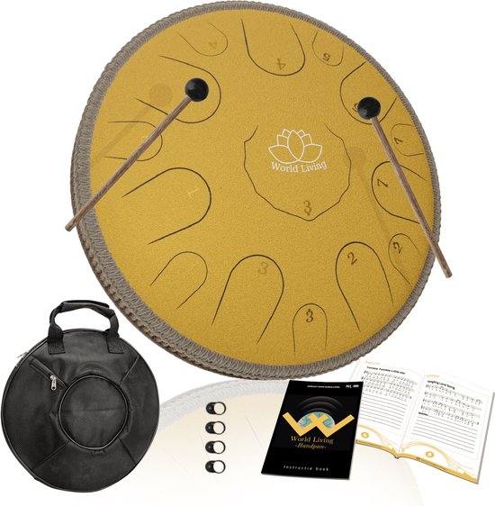 World Living Handpan - 36 cm ø - Steel Tongue Drum - Hand Klankschaal incl. Lesboek, Standaard & Beschermtas - Hangdrum
