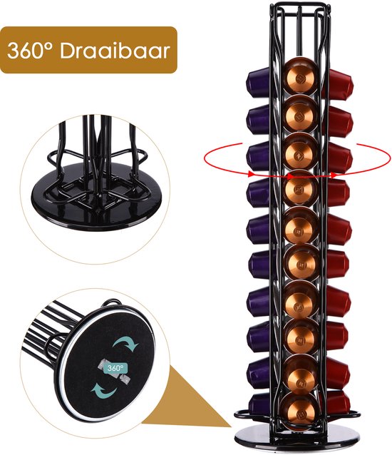 Zwarte capsulehouder draait 360 graden, gedetailleerde close-up van de draaibare voet.