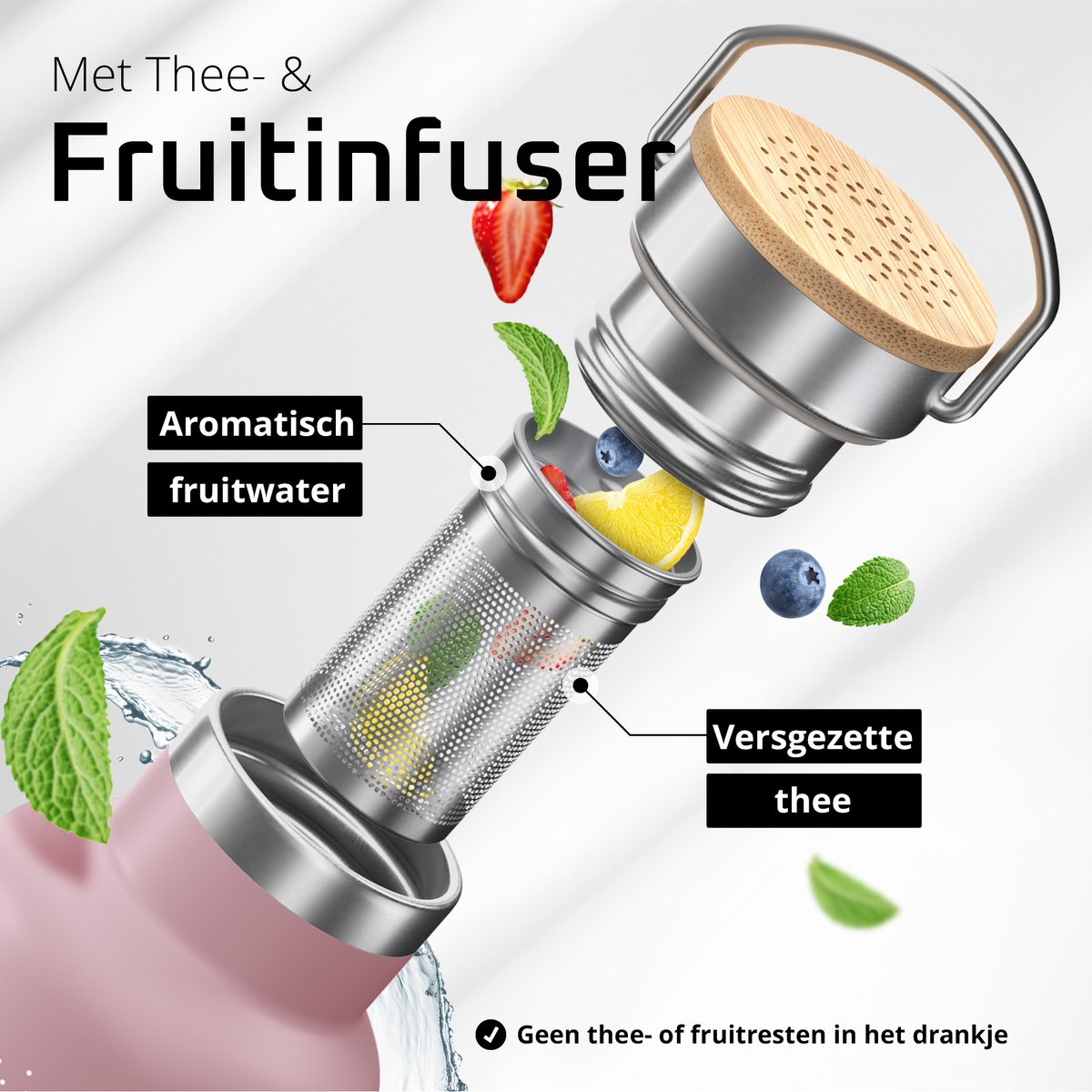 bemaxx Drinkfles met Rietje RVS Thermosfles ACTIVE FLASK (3 Drinkdoppen met Infuser), Volwassenen Kinderen, BPA-Vrij + Lekvrij | 1 Liter/500 ml Isoleerfles, Vacuüm Waterfles Sport Fitness Fietsen Water Fles Waterbidon Sportbidon thumbnail 4