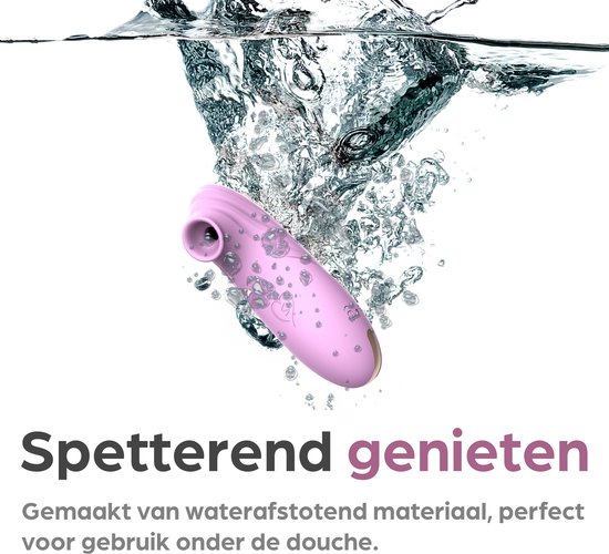 Roze Sinsaa speeltje wordt ondergedompeld in water met bubbels. Tekst: "Spetterend genieten".