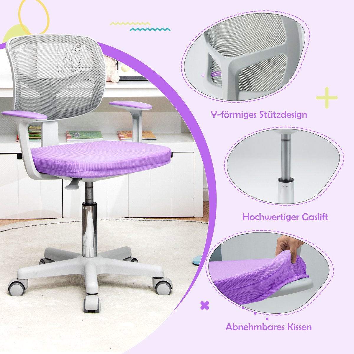 COSTWAY 360° draaibare kinderbureaustoel, 80-91,5 cm, in - afbeelding 3