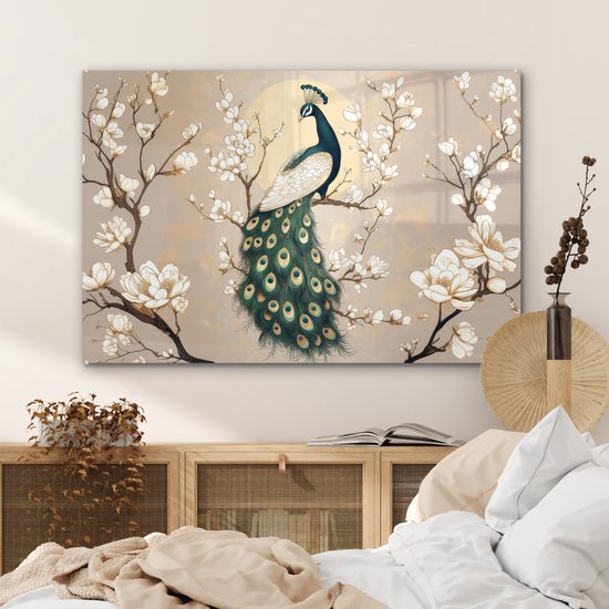 MuchoWow® Tableau sur verre 120x80 cm - Tableau sur verre acrylique - Paon - Branche - Fleurs - Photo sur verre - Décoration murale salon - Décoration murale chambre - Peintures