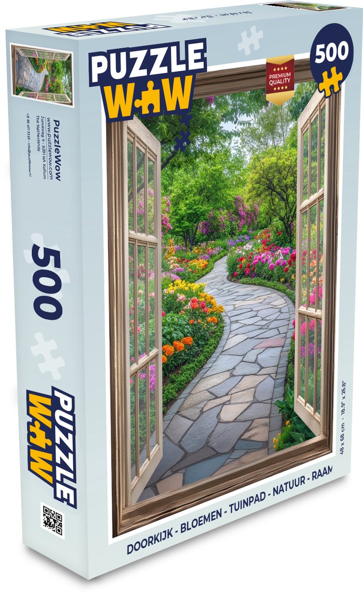 Puzzel Doorkijk - Bloemen - Tuinpad - Natuur - Raam - Legpuzzel - Puzzel 500 stukjes