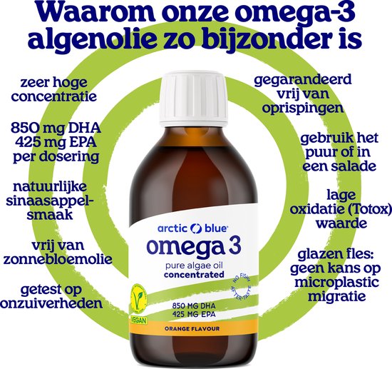 Bruin glazen flesje Arctic Blue Omega 3 met witte dop en oranje label. Groene cirkels met tekst eromheen. Tekst: "Waarom onze omega-3 algenolie zo bijzonder is. Zeer hoge concentratie. 850 mg DHA 425 mg EPA per dosering. Natuurlijke sinaasappel-smaak. Vrij van zonnebloemolie. Getest op onzuiverheden. Gegarandeerd vrij van oprispingen. Gebruik het puur of in een salade. Lage oxidatie (TOTOX) waarde. Glazen fles: geen kans op microplastic migratie."