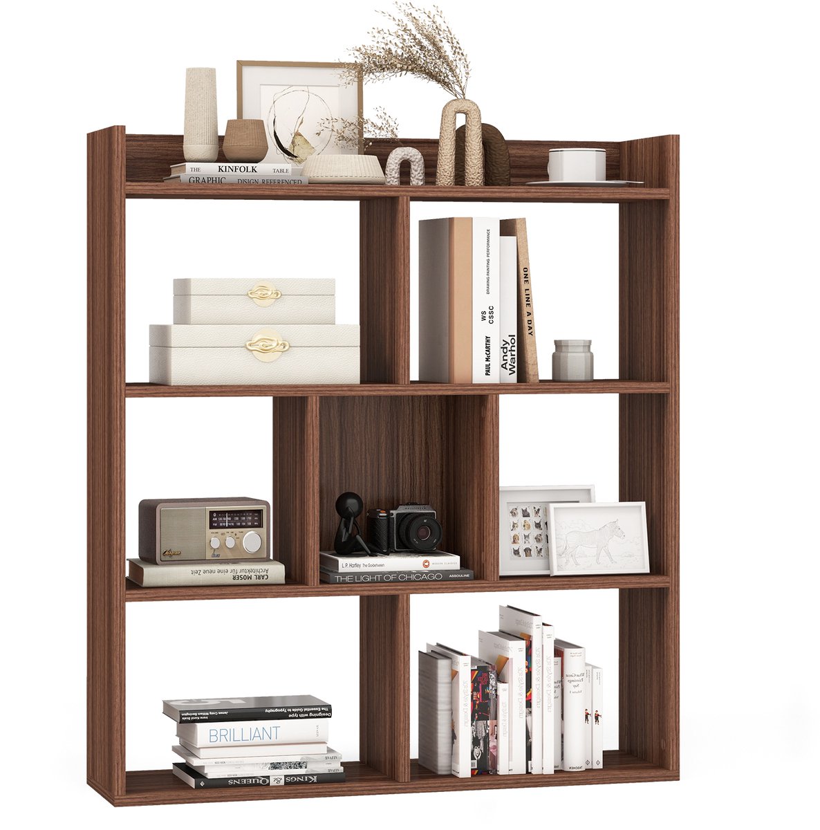 COSTWAY Boekenkast met 7 vakken, staand rek, kubusrek, opbergrek voor woonkamer, slaapkamer, kantoor, 80 x 20 x 90 cm (walnoot)