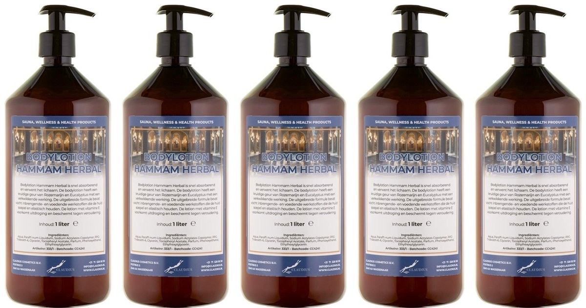 Bodylotion Hammam Herbal 1 Liter - met gratis pomp - set van 5 stuks - Voordeelverpakking