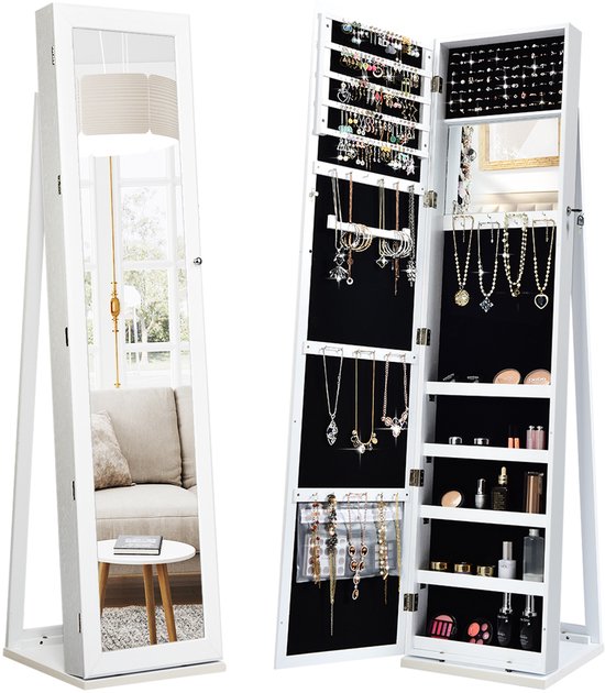 Armoire à bijoux Costway, armoire à miroir avec miroir intégral et miroir de maquillage intégré, verrouillable, sur pied, rangement de bijoux, organisateur de bijoux