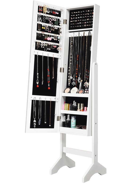 COSTWAY Armoire à bijoux autoportante avec miroir, armoire à miroir à angle réglable, cadre scintillant, miroir sur pied pour tous types de bijoux