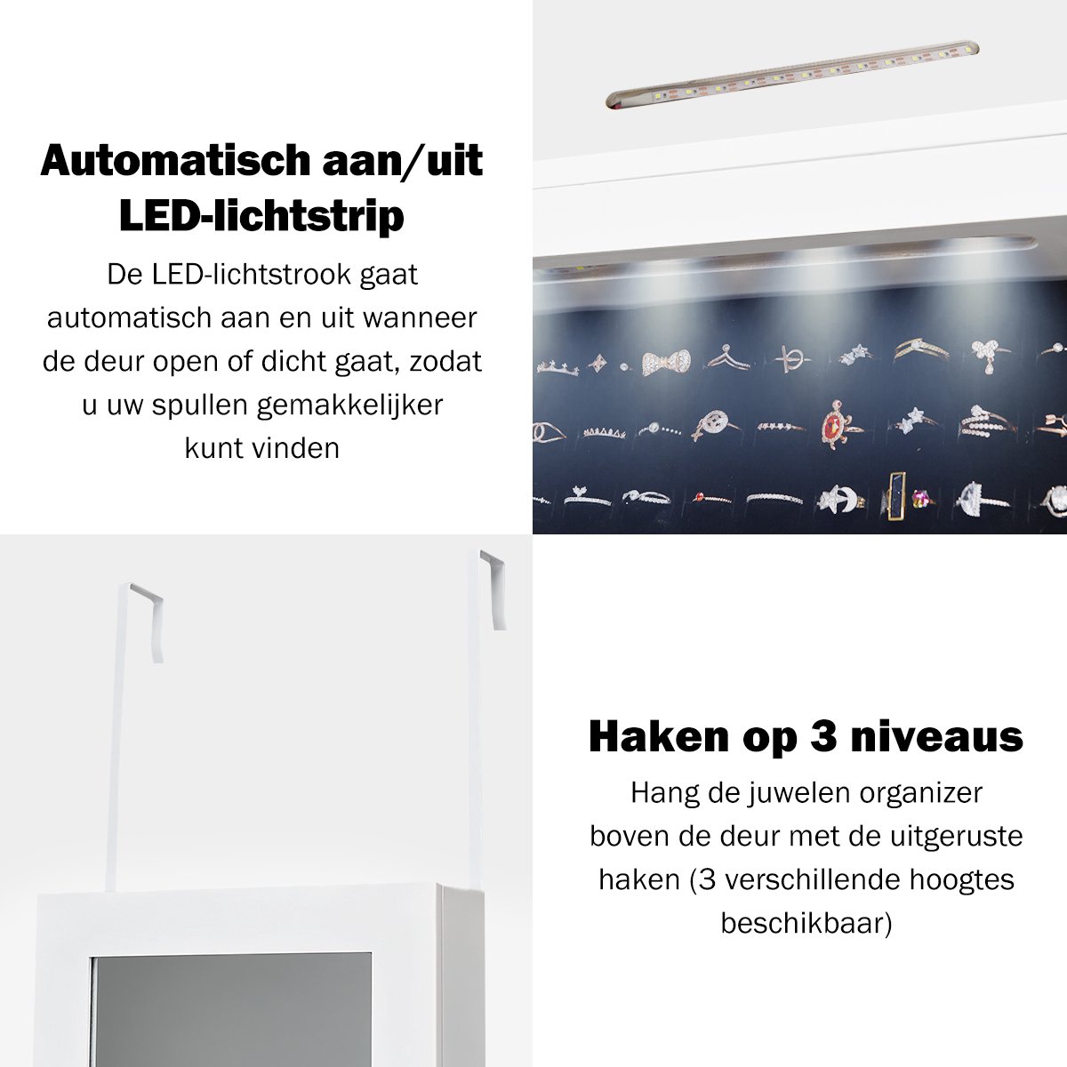 COSTWAY Hangende sieradenkast, spiegelkast met ledverlichting, deur- en wandmontage, sieradenrek, sieradenopslag met full-body spiegel, 30 x 8,5 x 129,5, wit