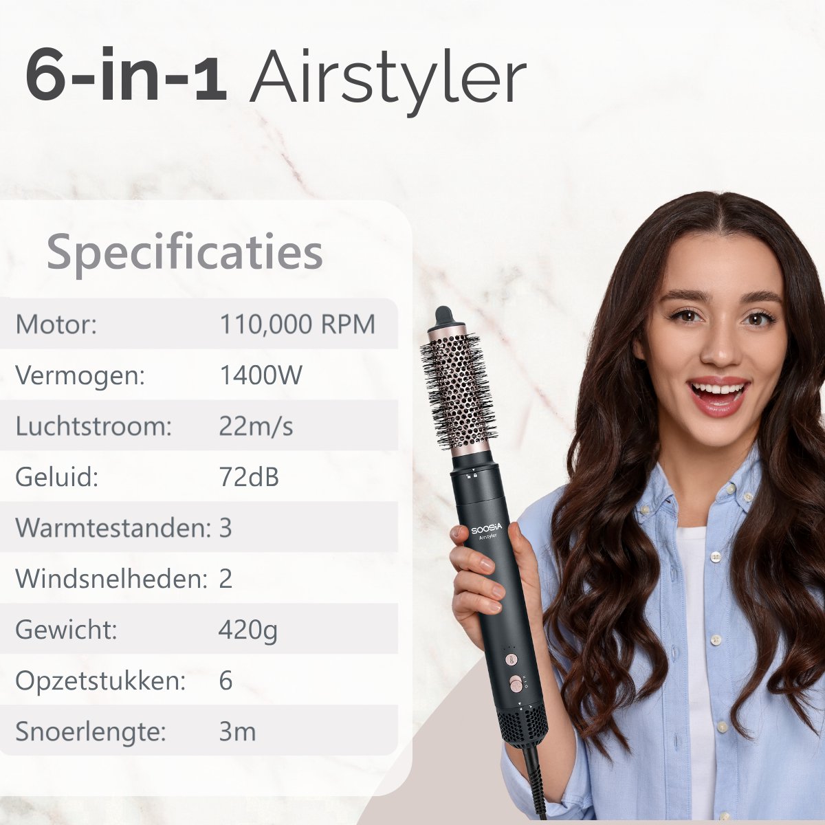 Soosia 6-in-1 Airstyler - Fohn & Krultang - Haardroger - Multistyler - Fohnborstel & Krulborstel - Hairwrap - Warmteborstel – Stijlborstel — afbeelding 6